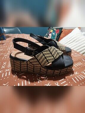Black & Natural Woven Platform Slingback Sandals
